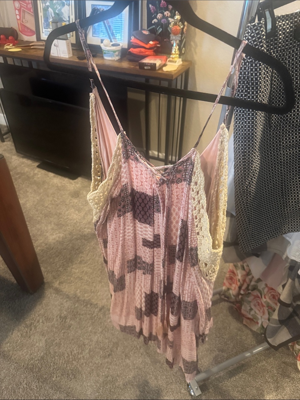Kori Pink Patterned Cold-Shoulder dress with Yellow Crochet Trim